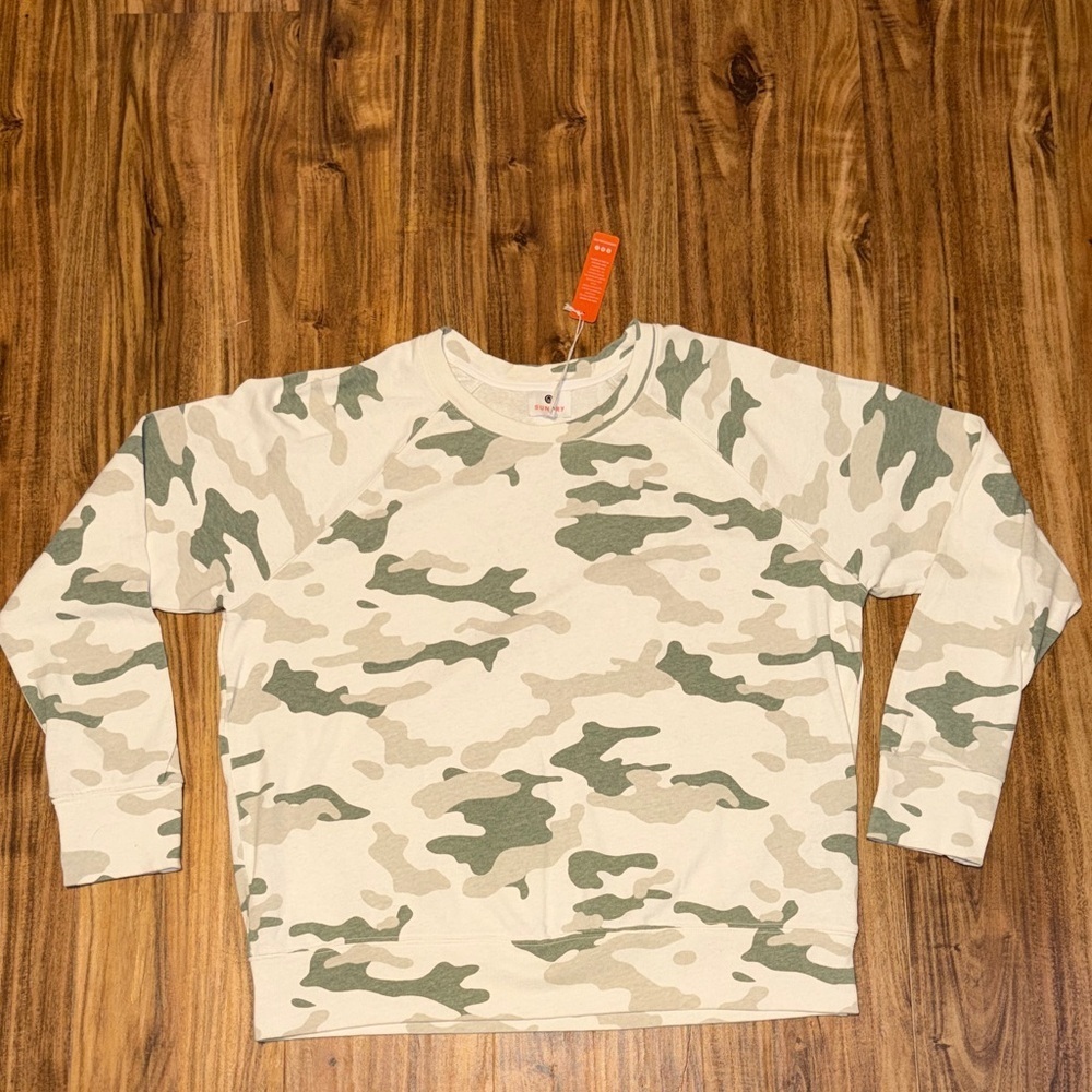 Sundry women’s sweatshirt 2 medium Camouflage Green cream tan crewneck soft NWT